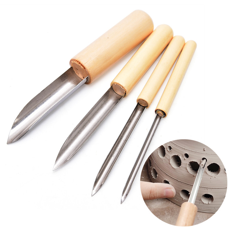 Chisel Set Wood - Töpferwerkzeug, Locher, 4 Teile/satz, Edelstahlkopf, Holzgriff,